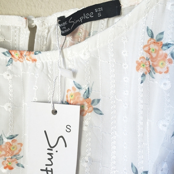 White Eyelet Embroidered Floral Flutter Sleeve Tiered Skirt Cotton Dress - Picture 13 of 16